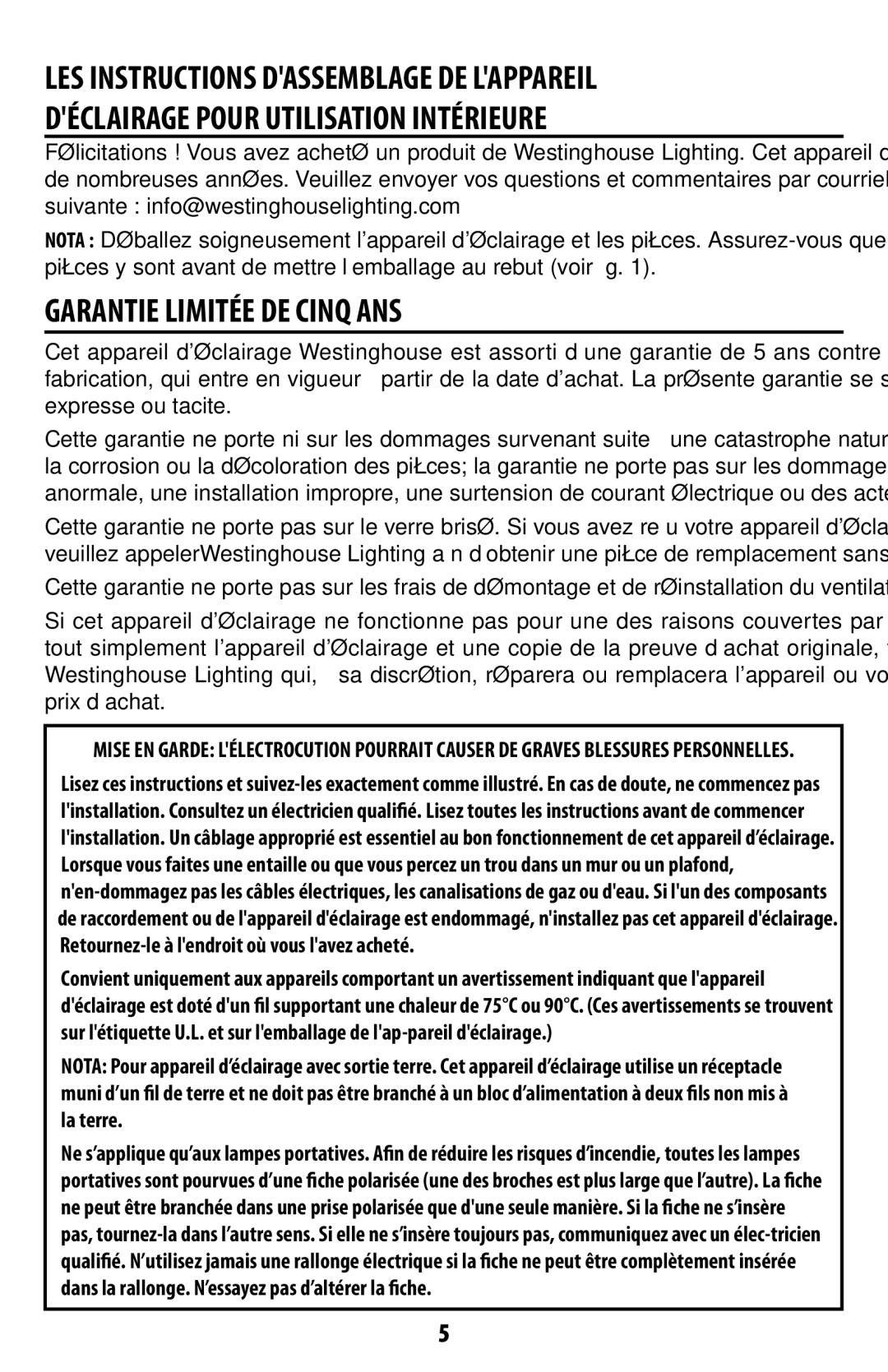 Westinghouse w-355 071910 owner manual Déclairage Pour Utilisation Intérieure, Garantie Limitée DE Cinq ANS 