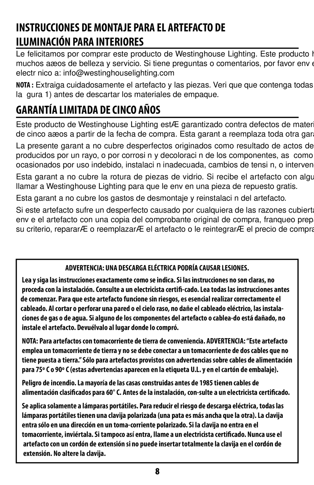 Westinghouse w-355 071910 owner manual Iluminación Para Interiores, Garantía Limitada DE Cinco Años 