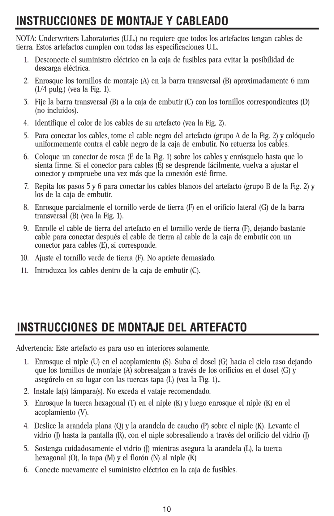 Westinghouse W-367 owner manual Instrucciones DE Montaje Y Cableado, INSTRUCCIONES DE Montaje DEL Artefacto 