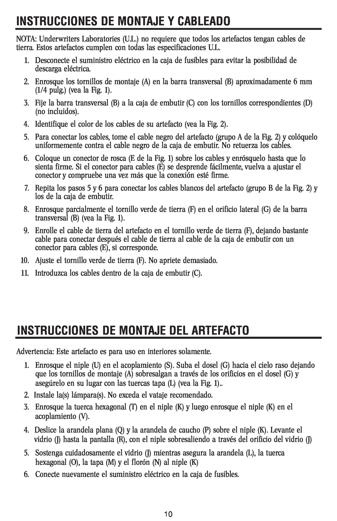 Westinghouse W-367 owner manual Instrucciones De Montaje Y Cableado, Instrucciones De Montaje Del Artefacto 