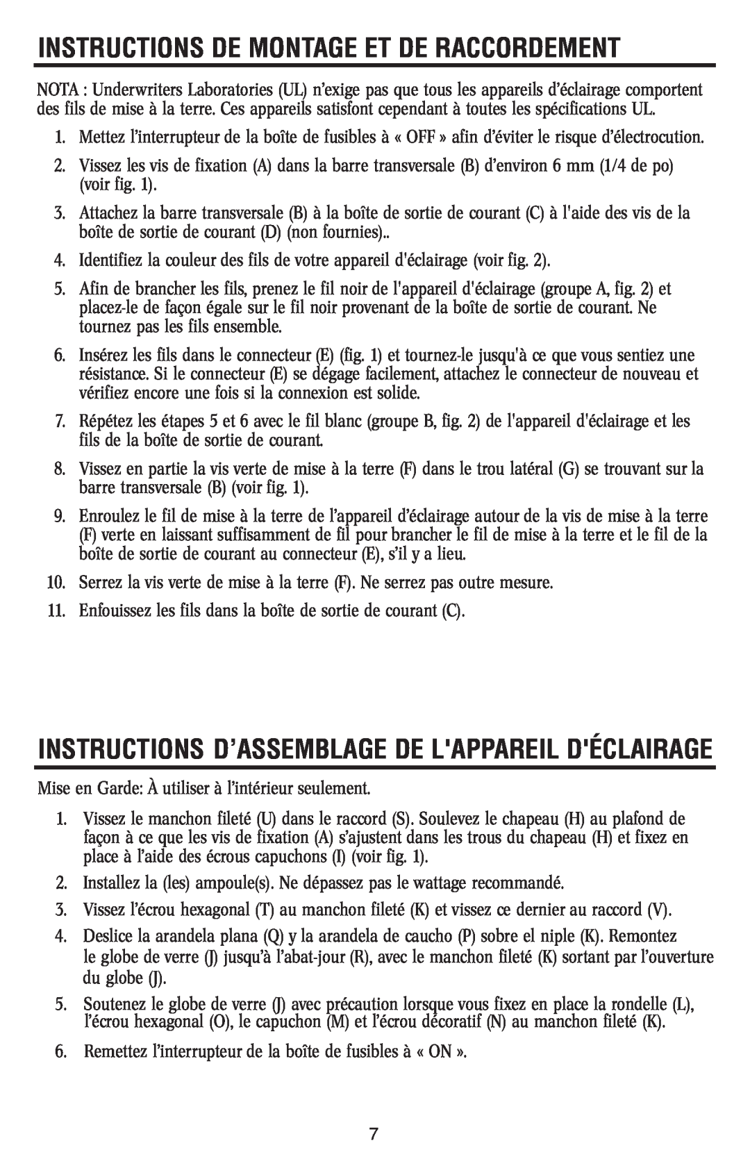 Westinghouse W-367 Instructions D’Assemblage De Lappareil Déclairage, Instructions De Montage Et De Raccordement 