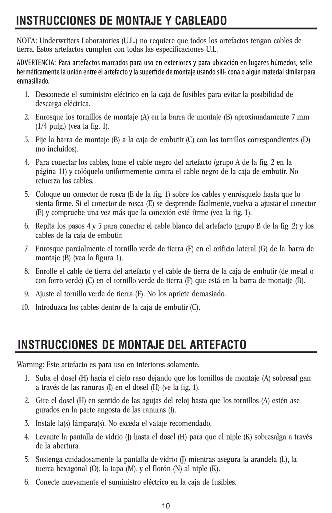 Westinghouse W-369 050913 owner manual Instrucciones DE Montaje Y Cableado, Instrucciones DE Montaje DEL Artefacto 