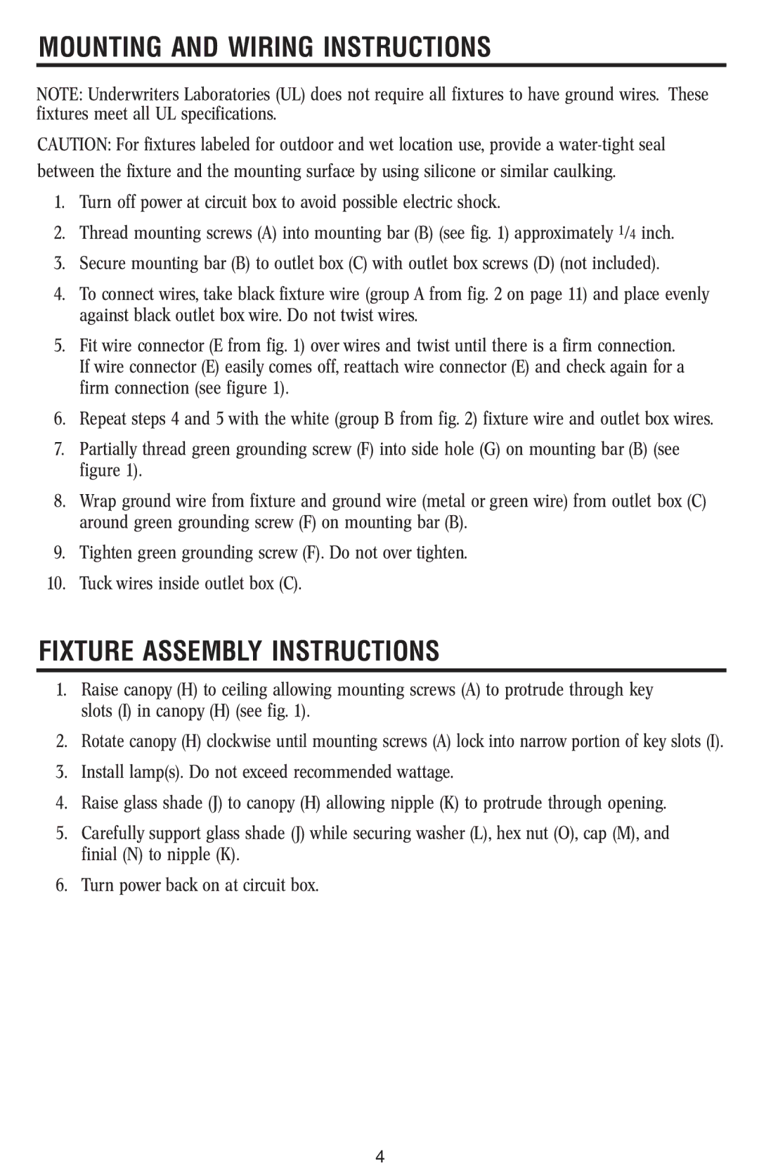 Westinghouse W-369 050913 owner manual Mounting and Wiring Instructions, Fixture Assembly Instructions 