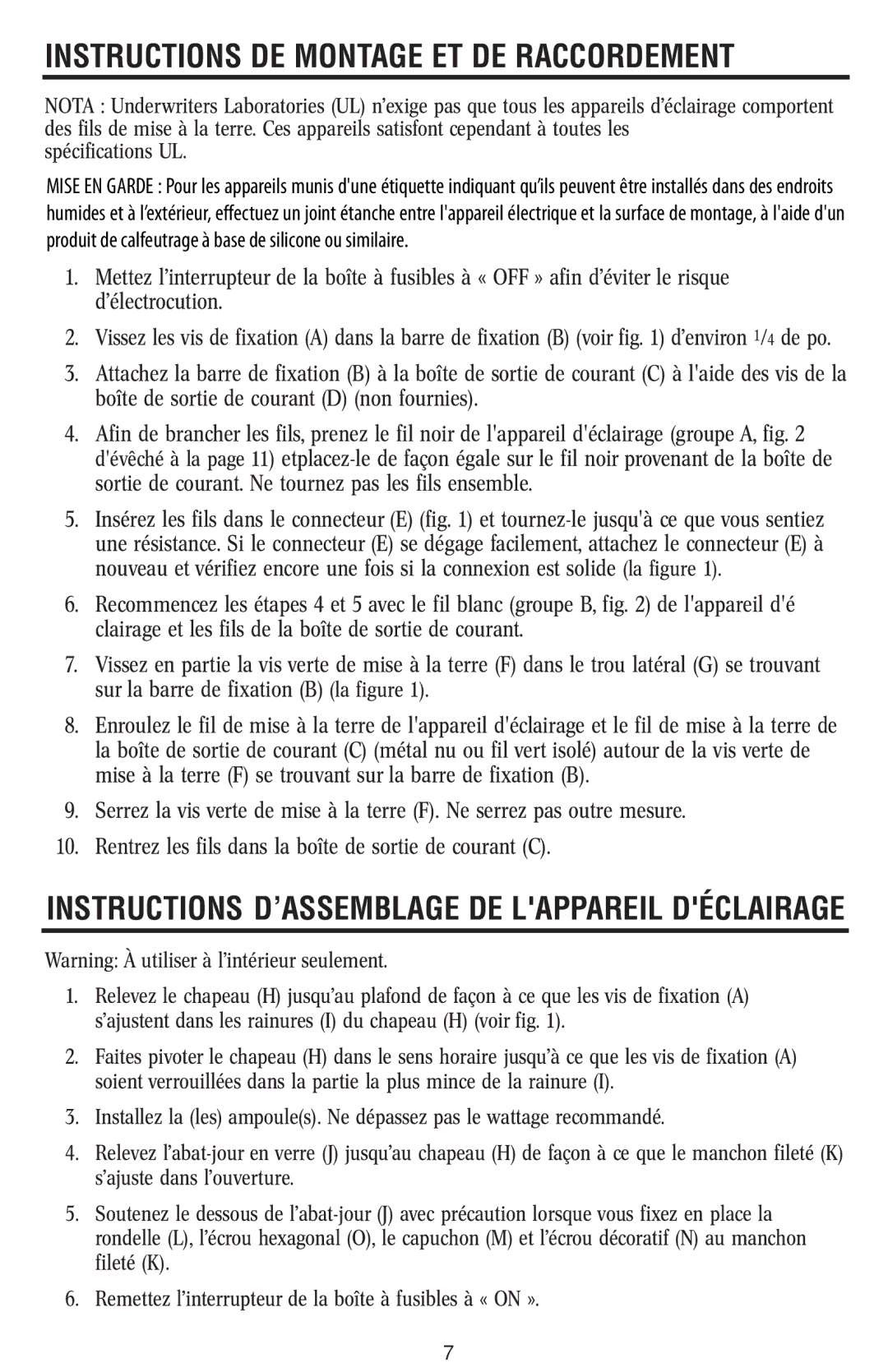 Westinghouse W-369 050913 Instructions DE Montage ET DE Raccordement, Instructions D’ASSEMBLAGE DE Lappareil Déclairage 