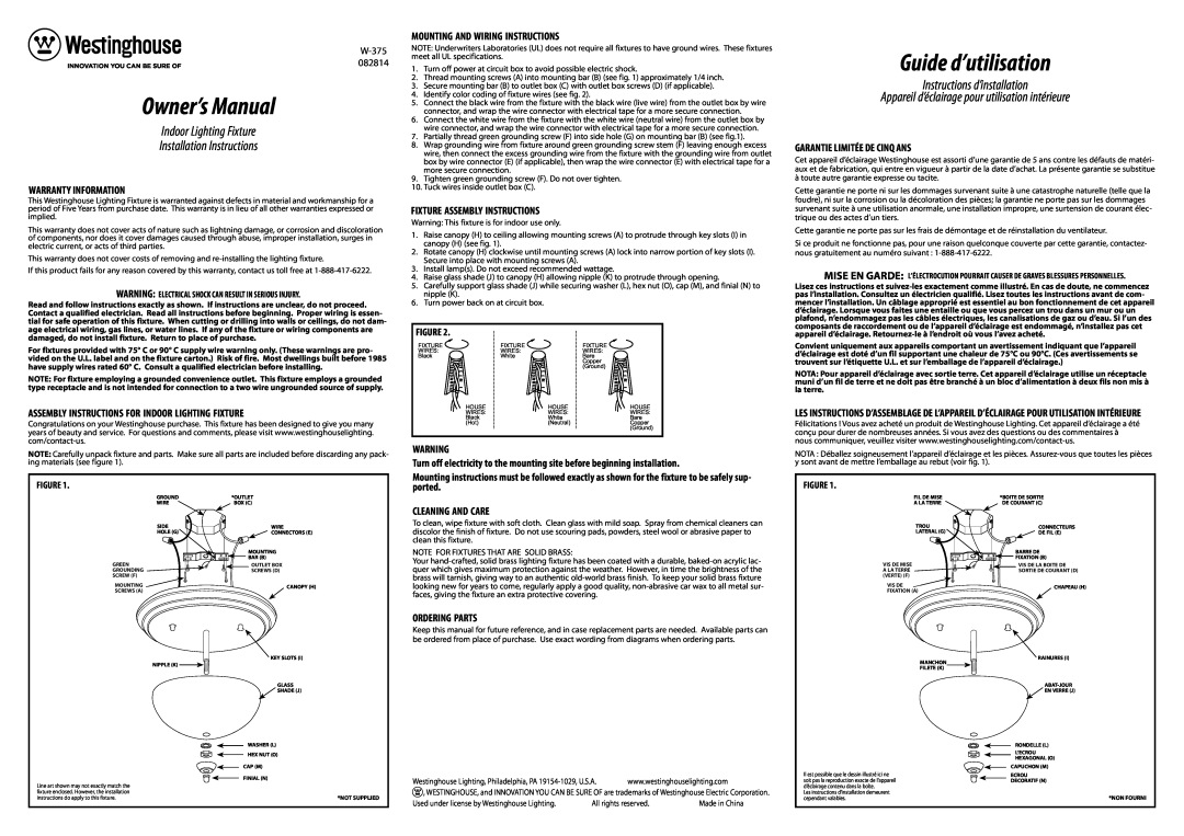Westinghouse W-375 082814 owner manual Guide d’utilisation, Indoor Lighting Fixture Installation Instructions 