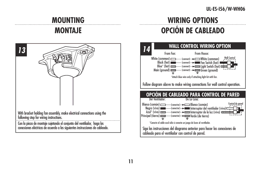 Westinghouse W-WH06 owner manual Opción DE Cableado, Wall Control Wiring Option 