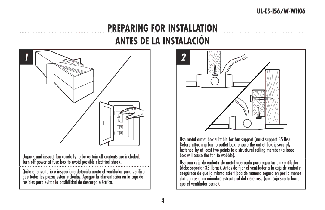 Westinghouse W-WH06 owner manual PREPARING for installation Antes de la instalación 