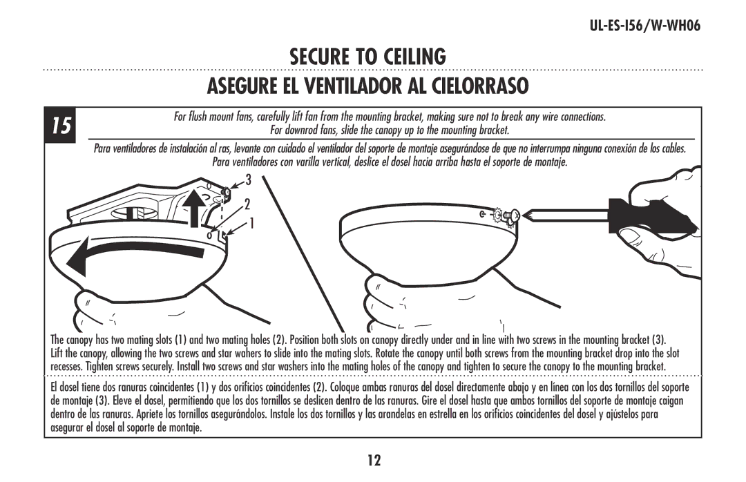 Westinghouse W-WH06 owner manual Asegure el ventilador al cielorraso 