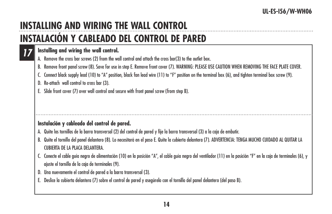 Westinghouse W-WH06 owner manual Installing and wiring the wall control, Instalación y cableado del control de pared 