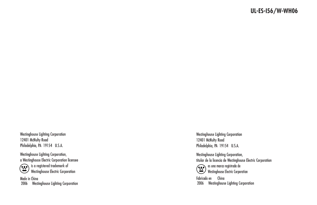 Westinghouse owner manual UL-ES-I56/W-WH06 