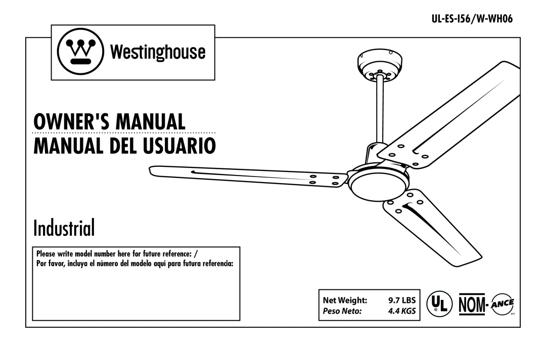 Westinghouse owner manual UL-ES-I56/W-WH06, Net Weight, Industrial, Peso Neto, 4.4 KGS 