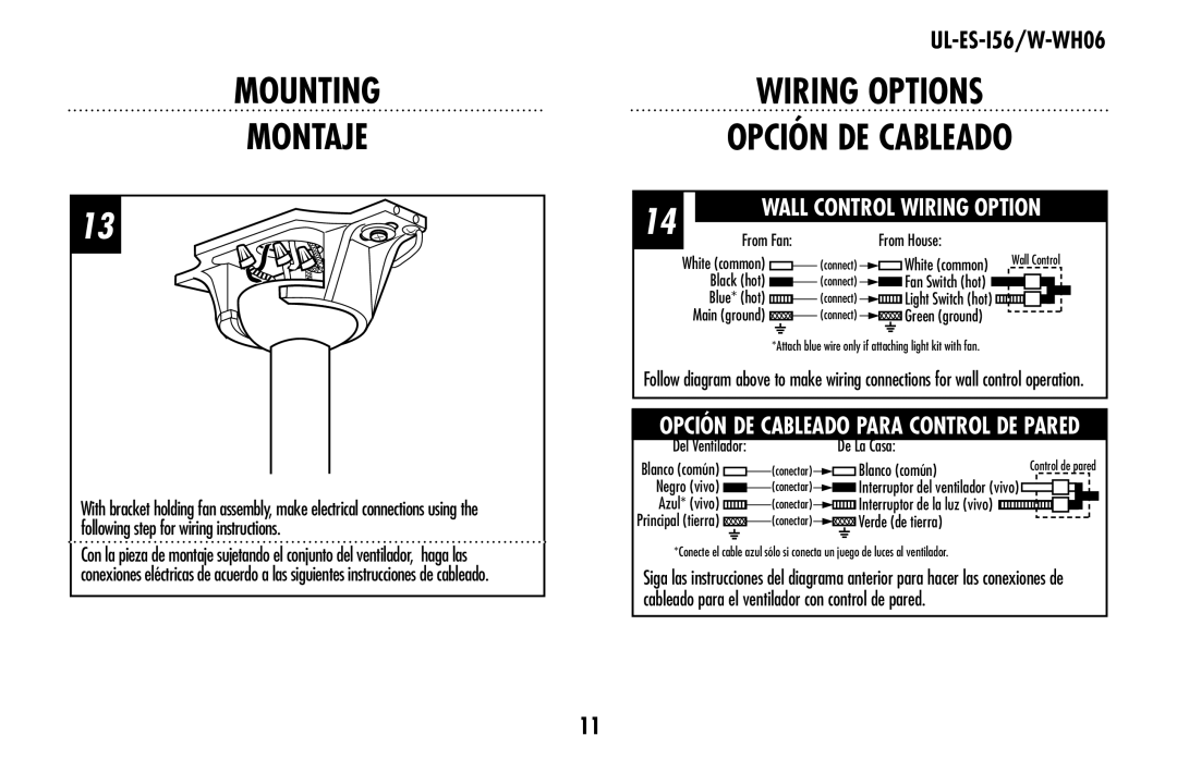 Westinghouse wiring OPTIONS OPCIÓN DE CABLEADO, Mounting Montaje, UL-ES-I56/W-WH06, Wall Control Wiring Option 