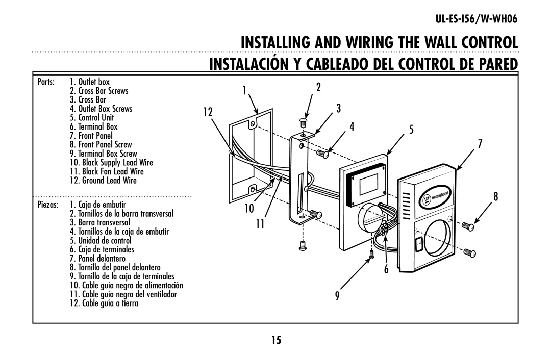 Westinghouse Installing and wiring the wall control, Instalación y cableado del control de pared, UL-ES-I56/W-WH06 
