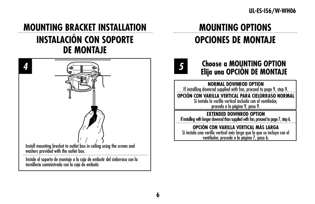 Westinghouse Mounting Options Opciones De Montaje, Normal Downrod Option, Extended Downrod Option, UL-ES-I56/W-WH06 