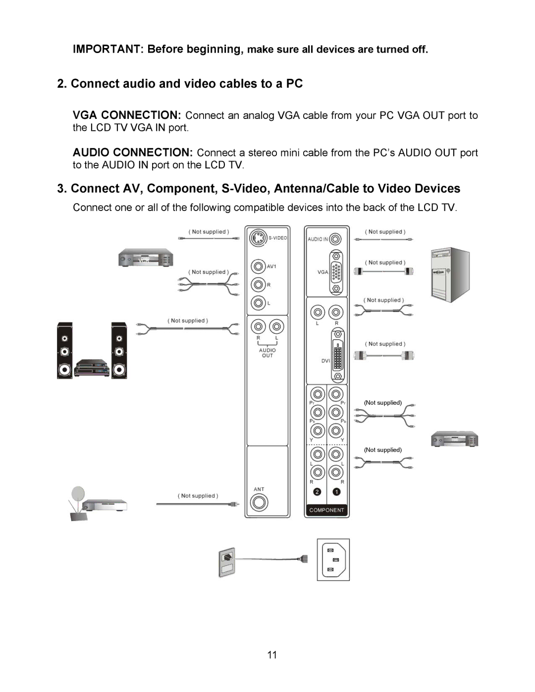 Westinghouse W2602 BK manual Connect audio and video cables to a PC 