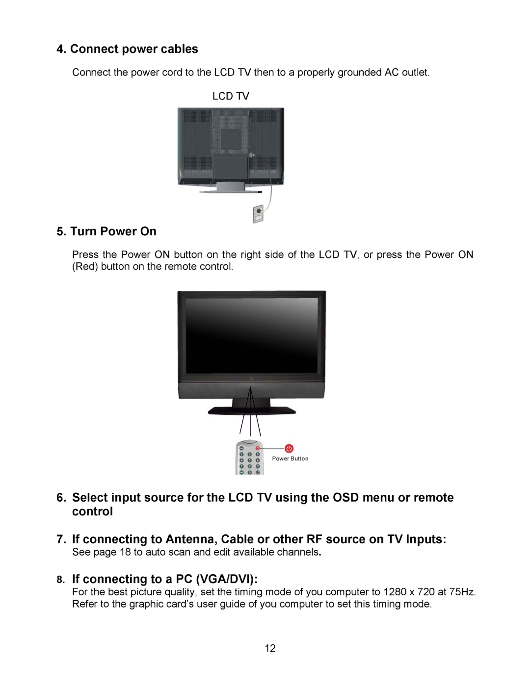 Westinghouse W2602 BK manual Connect power cables, Turn Power On, If connecting to a PC VGA/DVI 