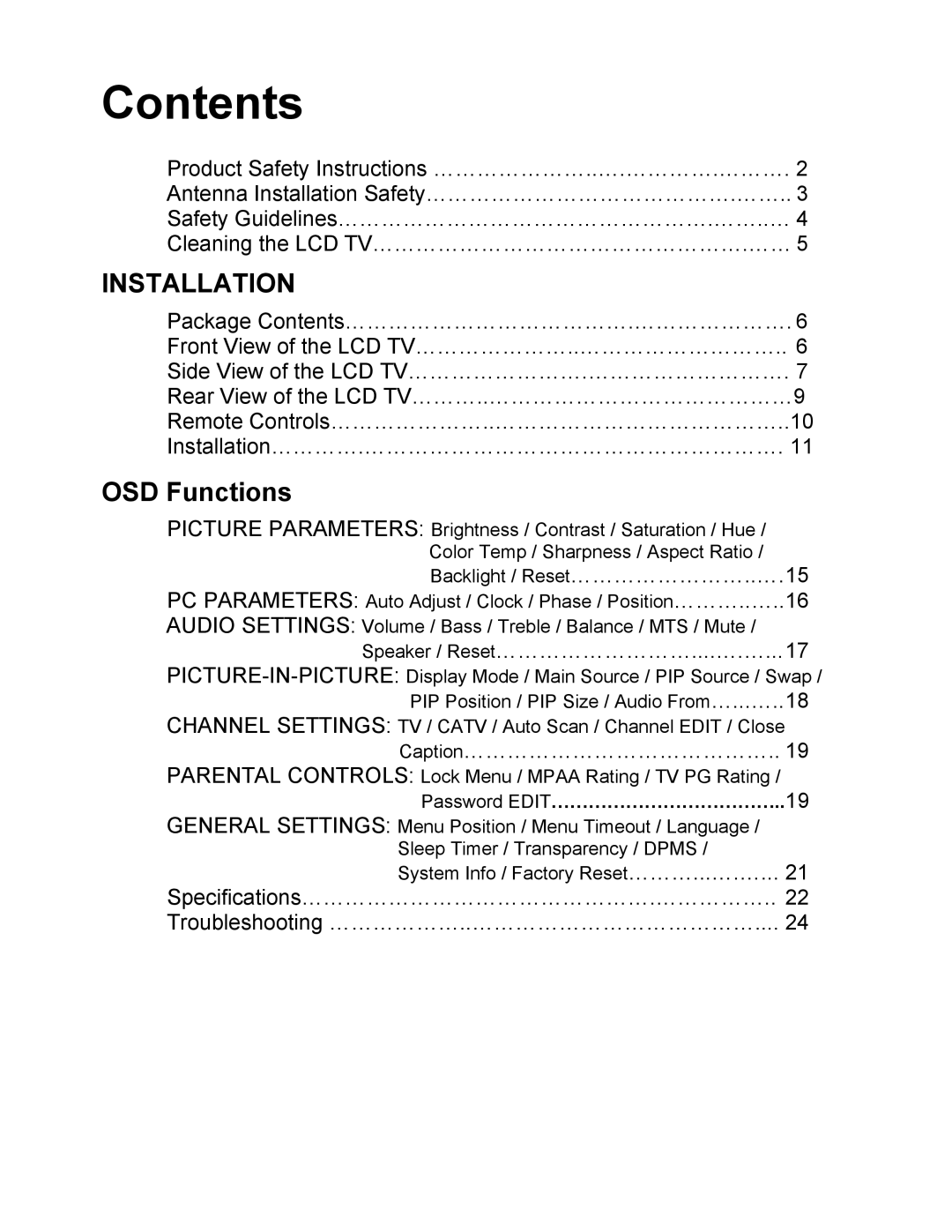 Westinghouse W2602 BK manual Contents 