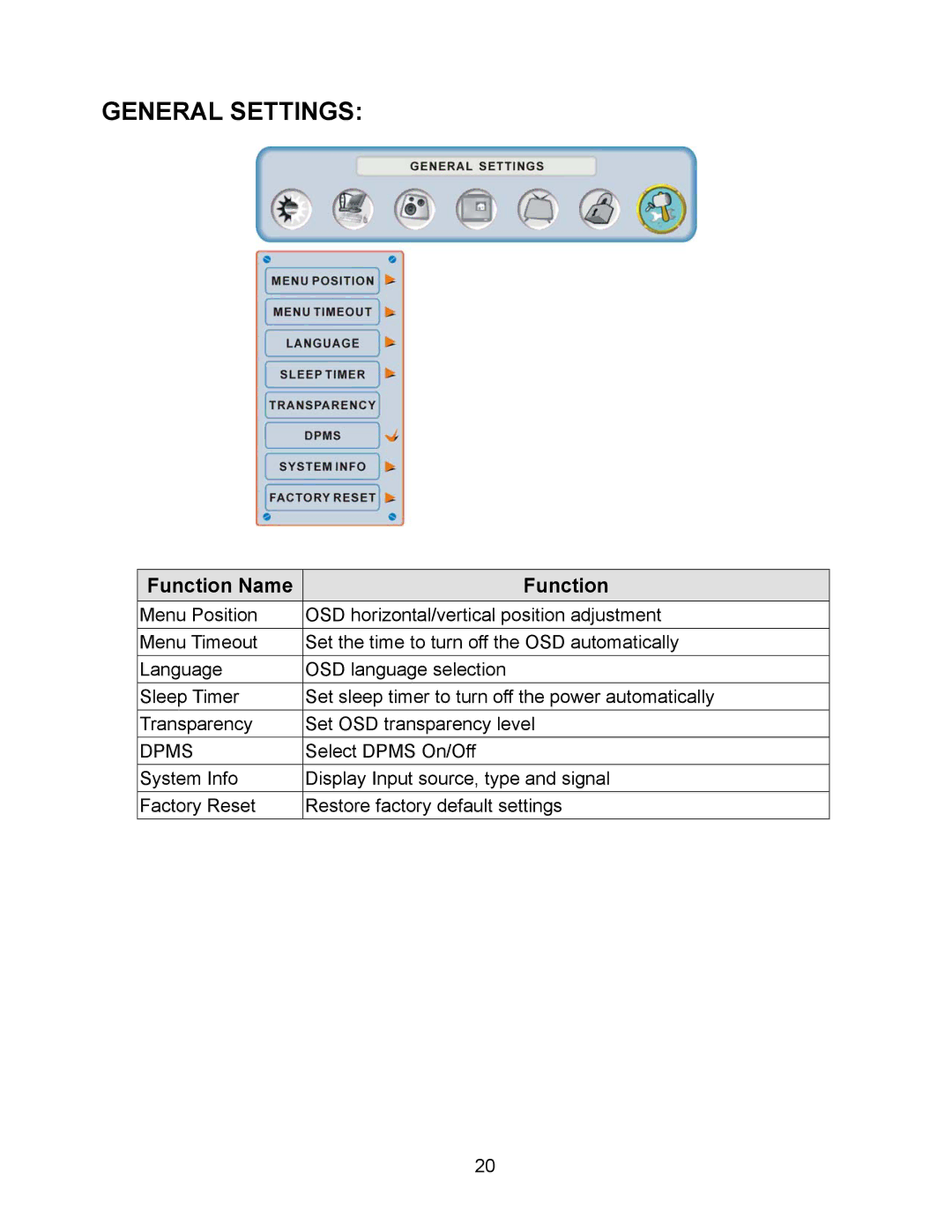 Westinghouse W2602 BK manual General Settings, Dpms 