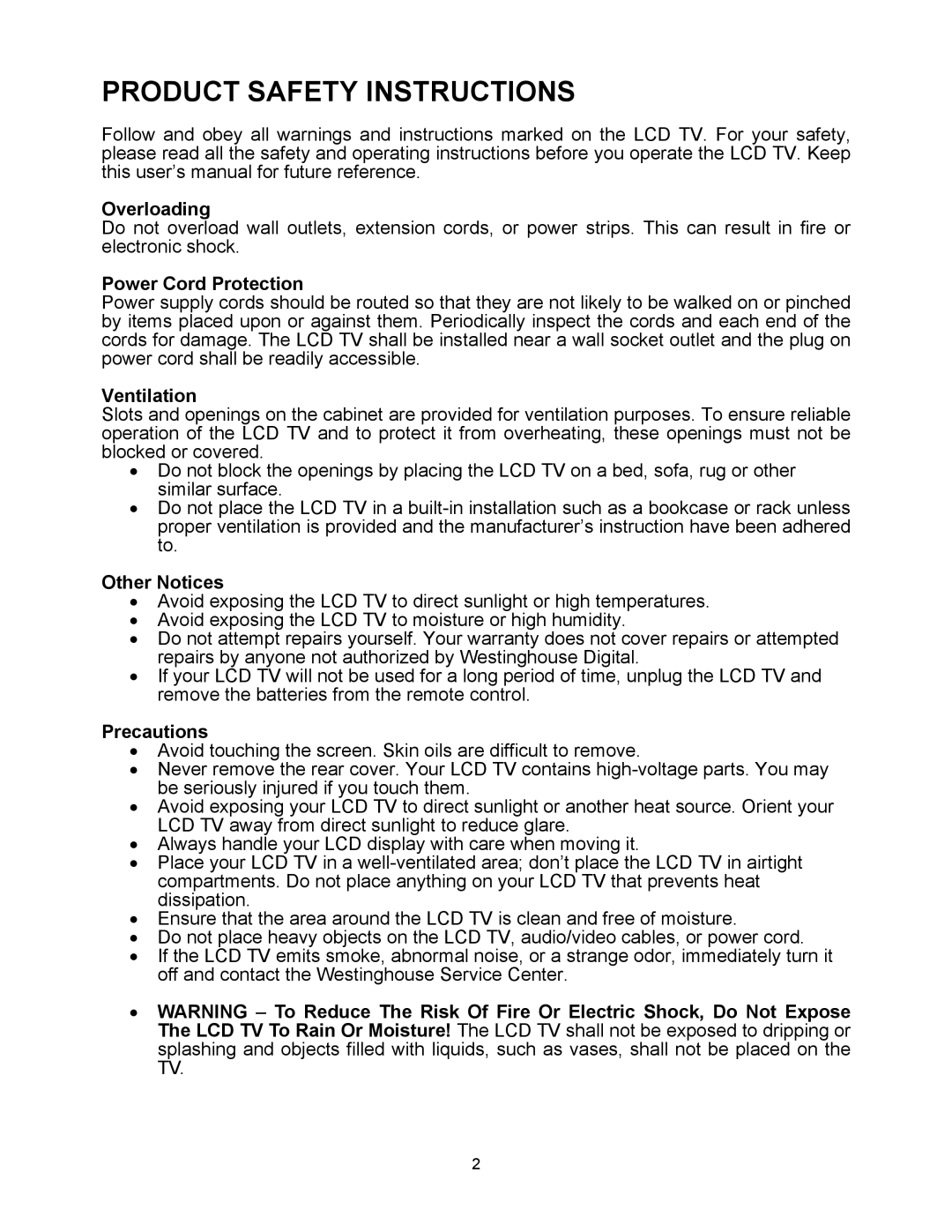 Westinghouse W2602 BK manual Product Safety Instructions 