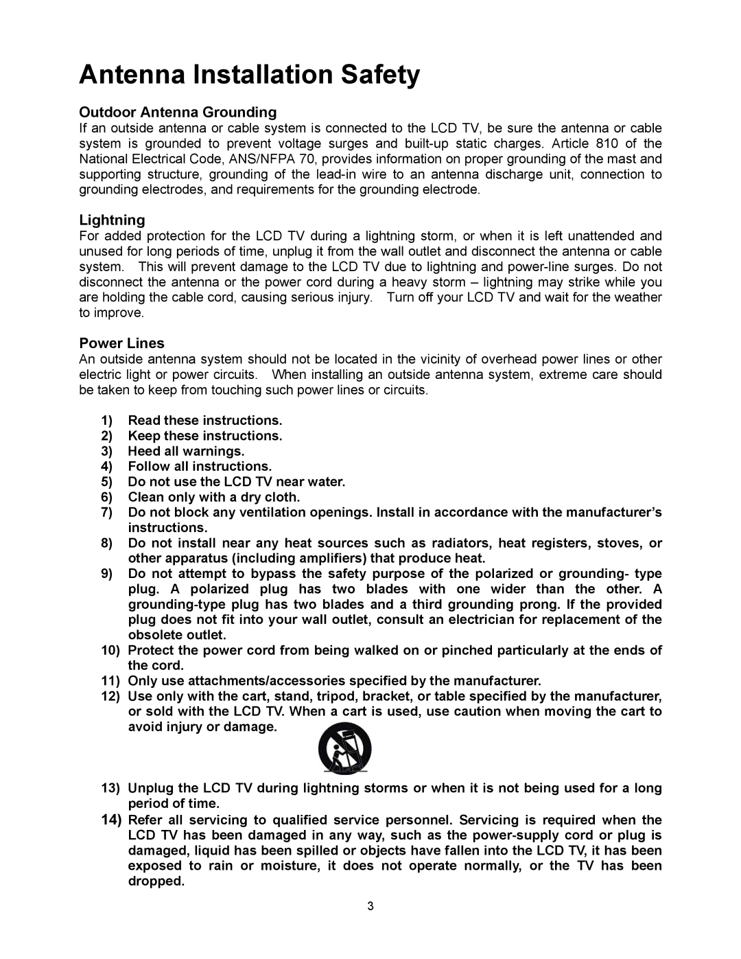 Westinghouse W2602 BK manual Antenna Installation Safety 