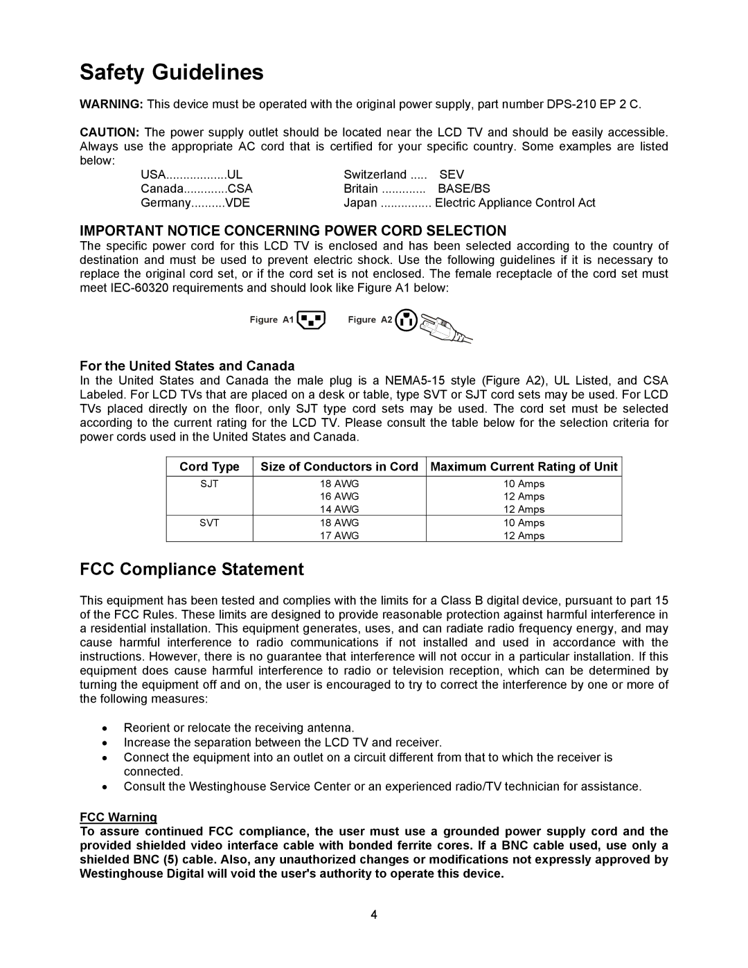 Westinghouse W2602 BK manual Safety Guidelines, FCC Compliance Statement 