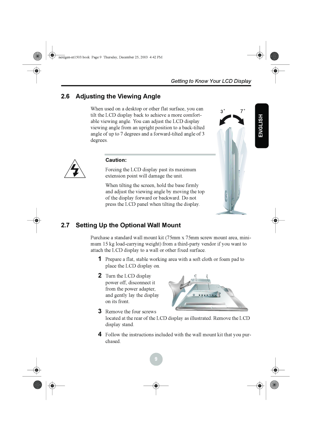 Westinghouse W31501 manual Adjusting the Viewing Angle, Setting Up the Optional Wall Mount 