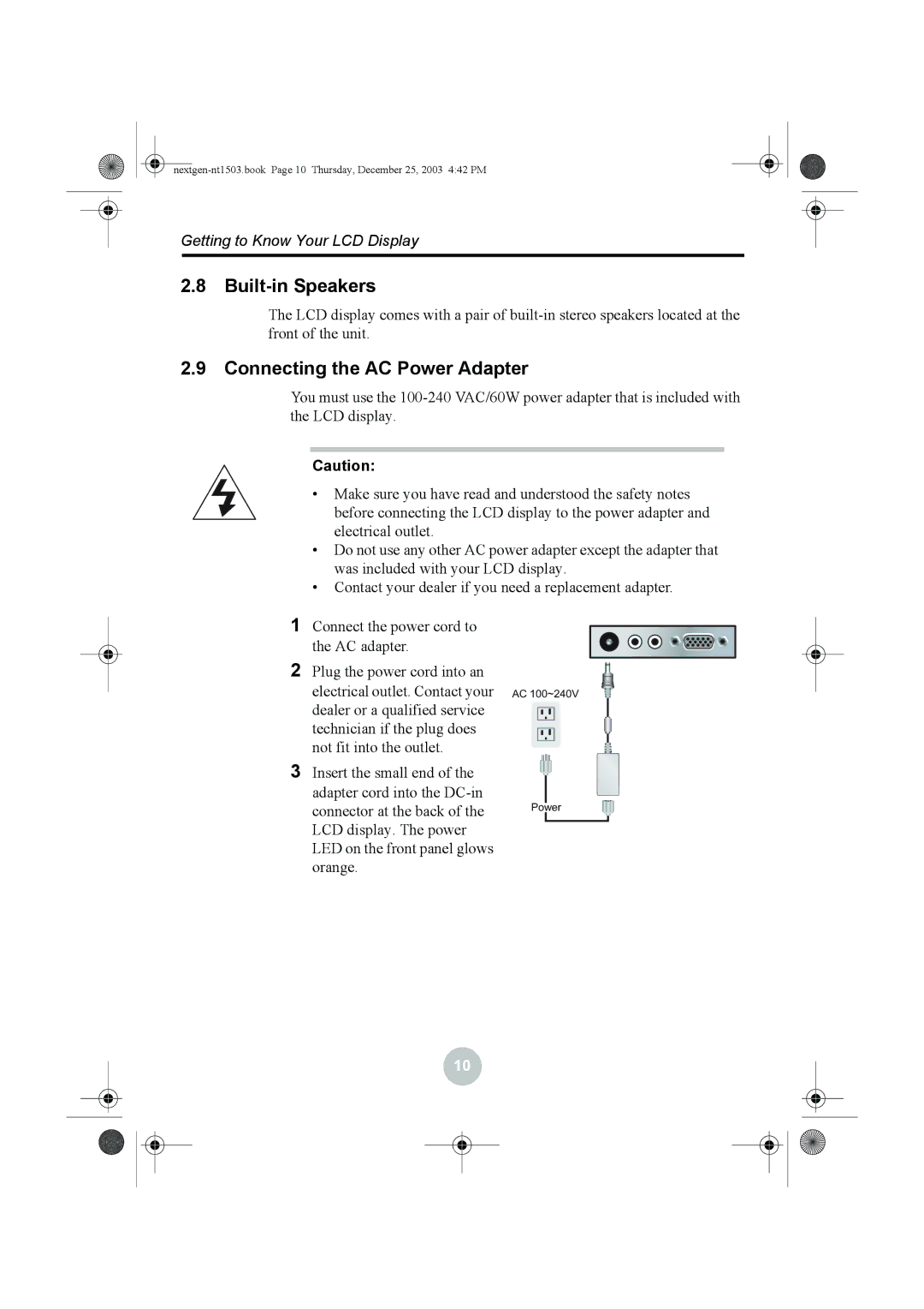 Westinghouse W31501 manual Built-in Speakers, Connecting the AC Power Adapter 