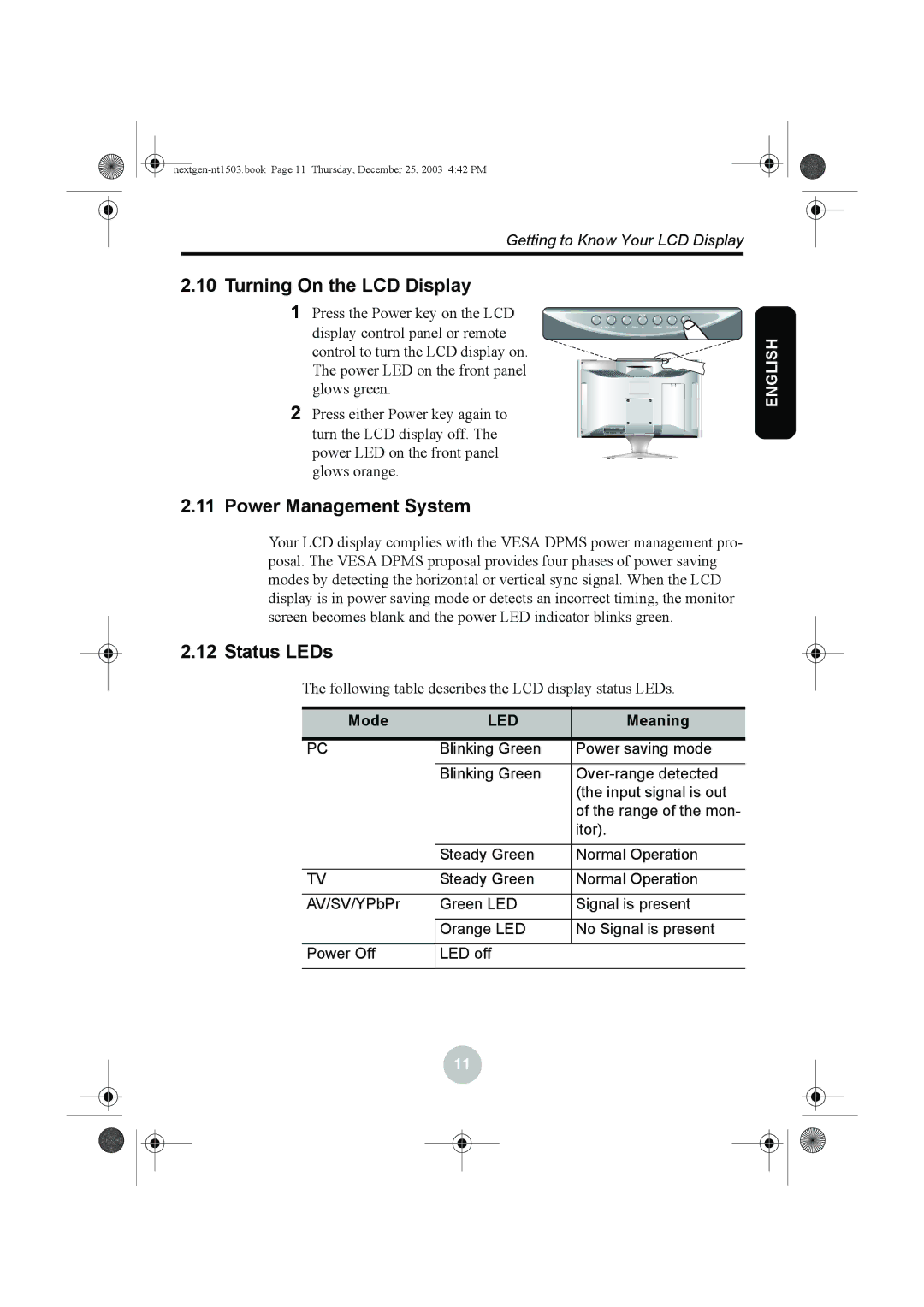 Westinghouse W31501 manual Turning On the LCD Display, Power Management System, Status LEDs, Mode, Meaning 