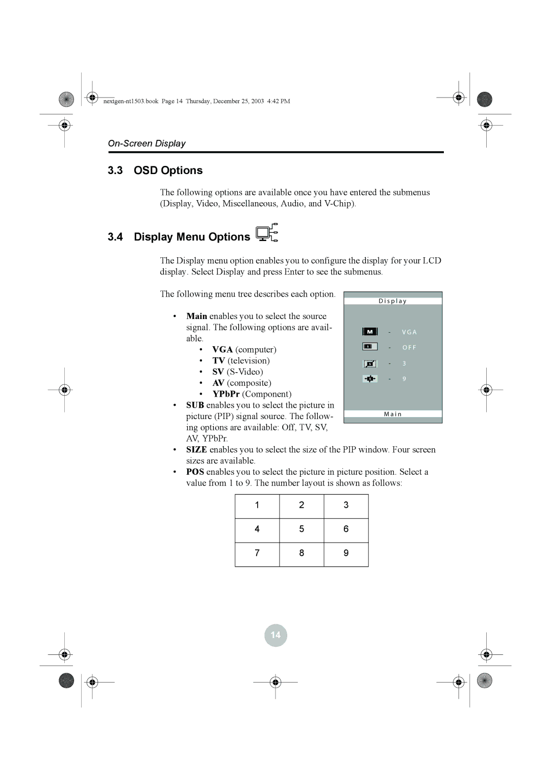 Westinghouse W31501 manual OSD Options, Display Menu Options 