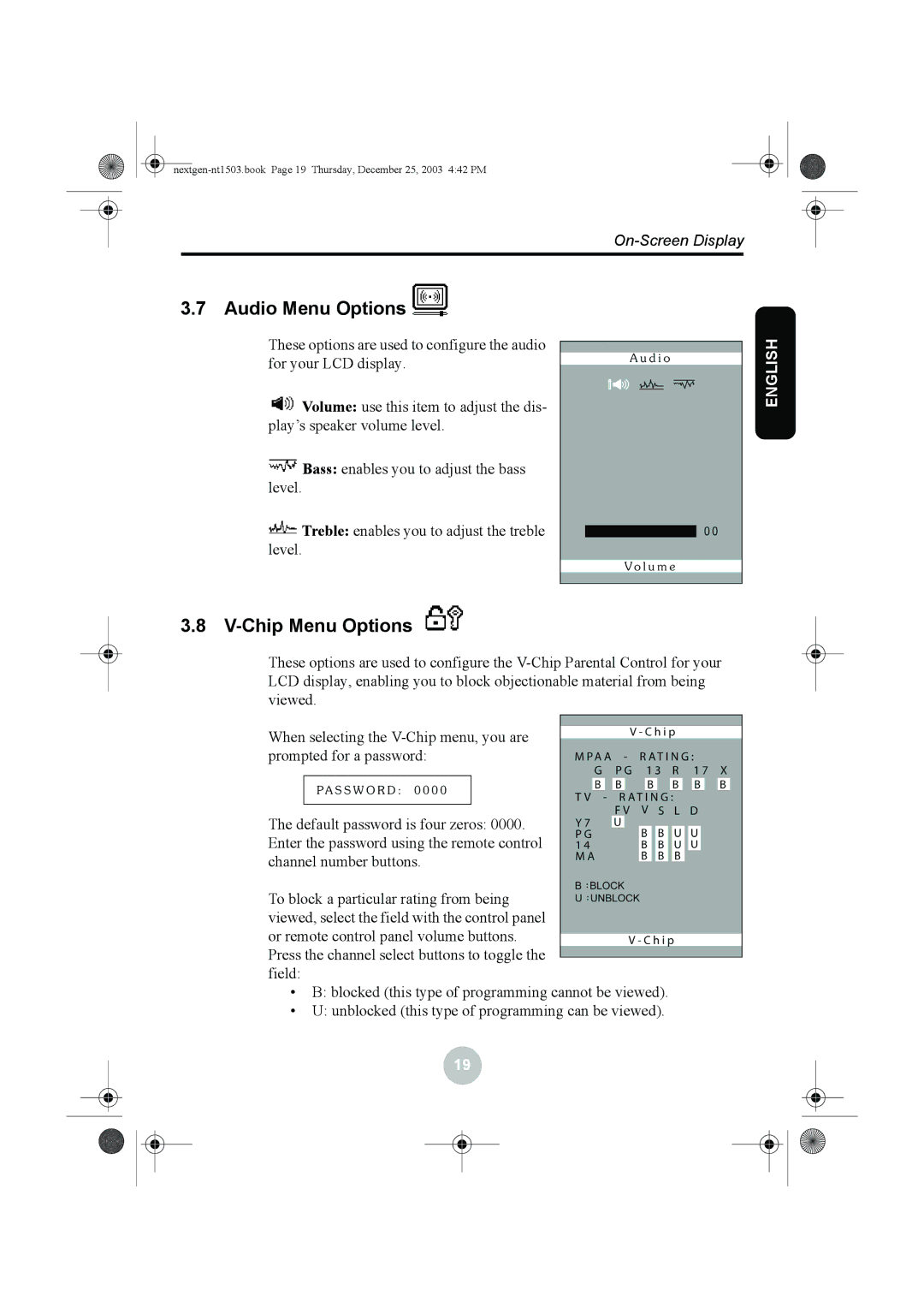 Westinghouse W31501 manual Audio Menu Options, Chip Menu Options 