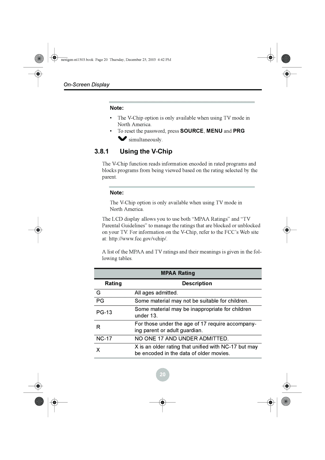 Westinghouse W31501 manual Using the V-Chip, Mpaa Rating Description 