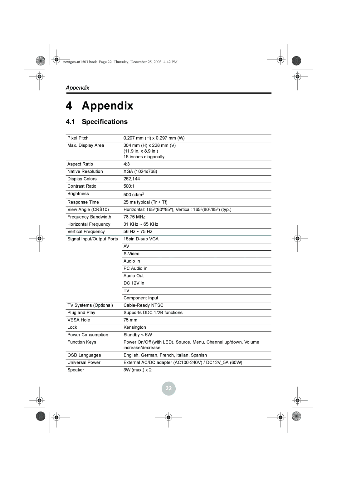 Westinghouse W31501 manual Appendix, Specifications 