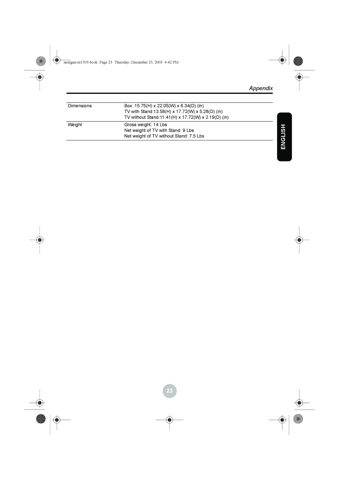 Westinghouse W31501 manual TV without Stand11.41H x 17.72W x 2.19D 