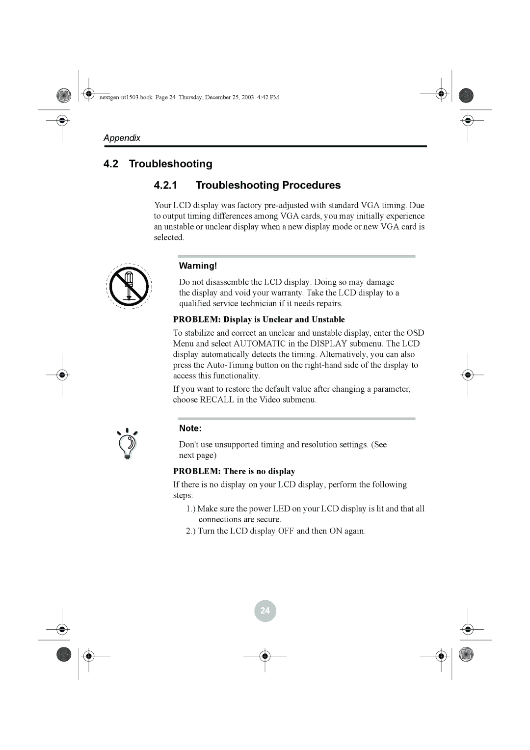 Westinghouse W31501 manual Troubleshooting Troubleshooting Procedures, Problem Display is Unclear and Unstable 