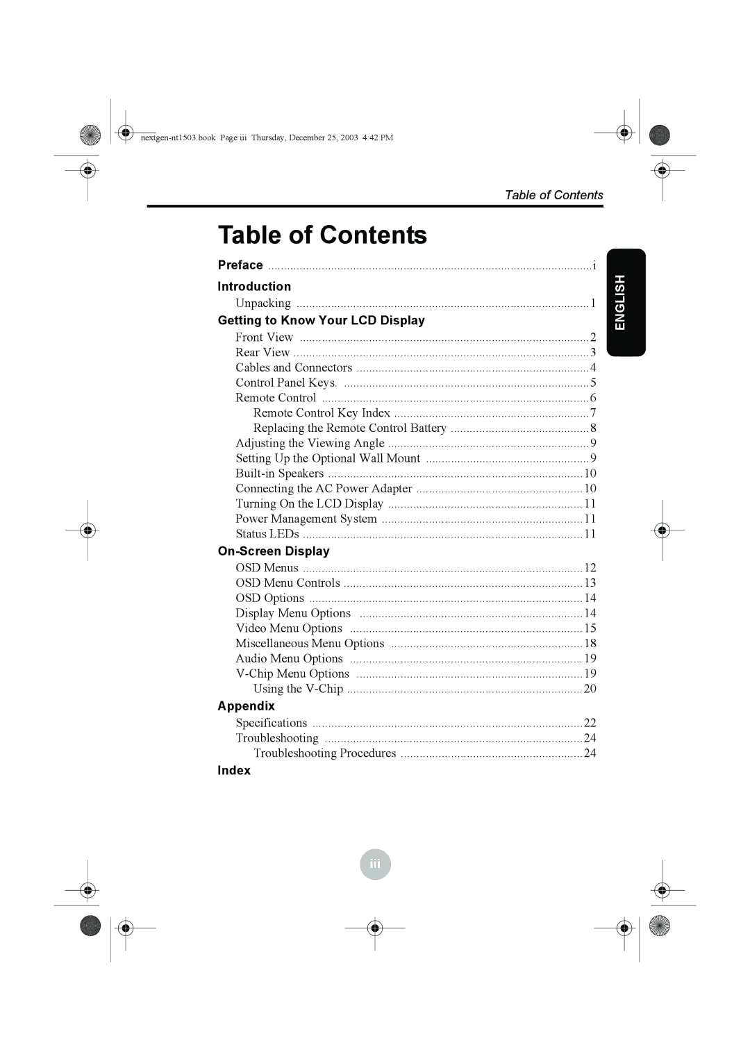 Westinghouse W31501 manual Table of Contents 