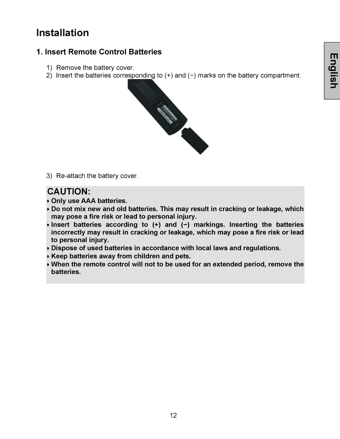 Westinghouse W3213 HD manual Installation, Insert Remote Control Batteries 