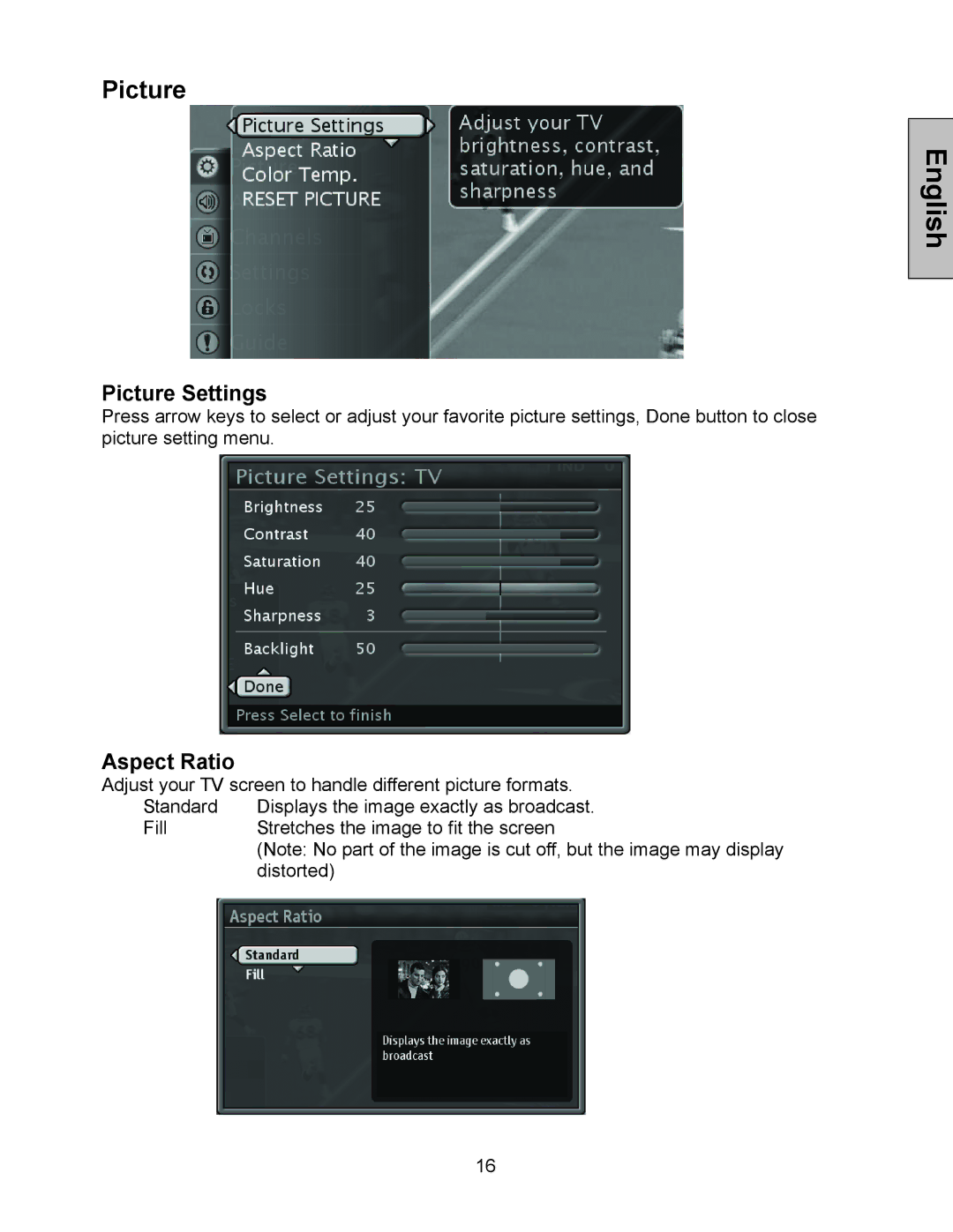 Westinghouse W3213 HD manual Picture Settings, Aspect Ratio 