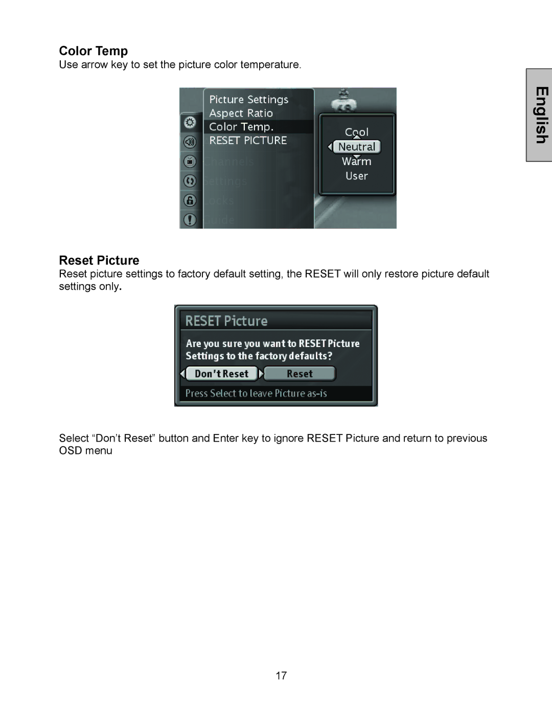 Westinghouse W3213 HD manual Color Temp, Reset Picture 