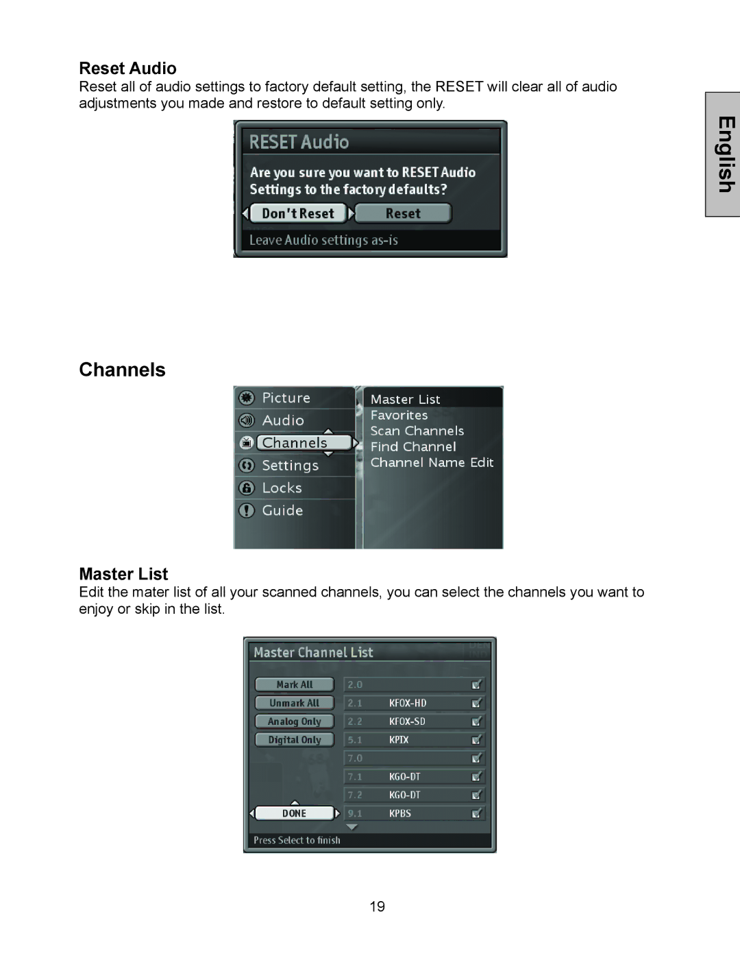 Westinghouse W3213 HD manual Channels, Reset Audio, Master List 