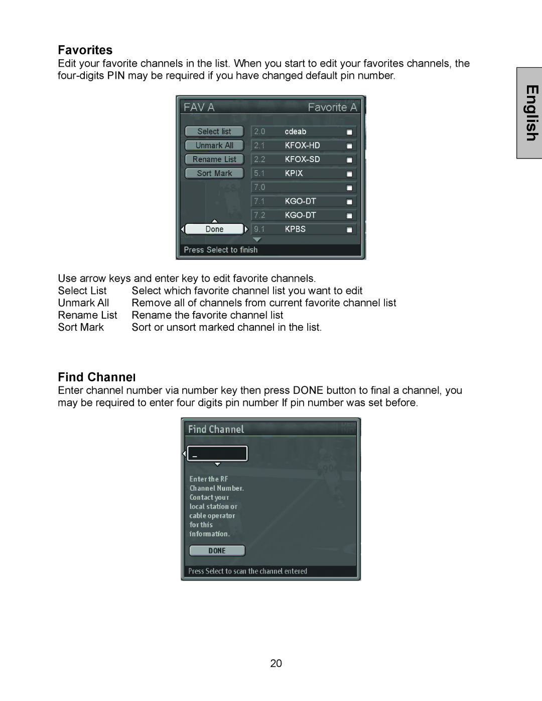 Westinghouse W3213 HD manual Favorites, Find Channel 