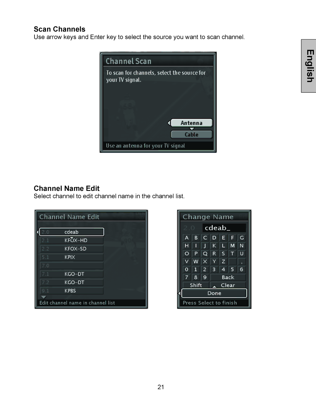 Westinghouse W3213 HD manual Scan Channels, Channel Name Edit 