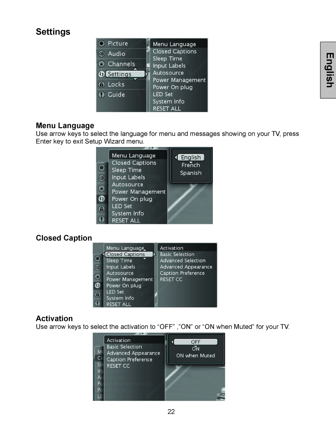 Westinghouse W3213 HD manual Settings, Menu Language, Closed Caption Activation 