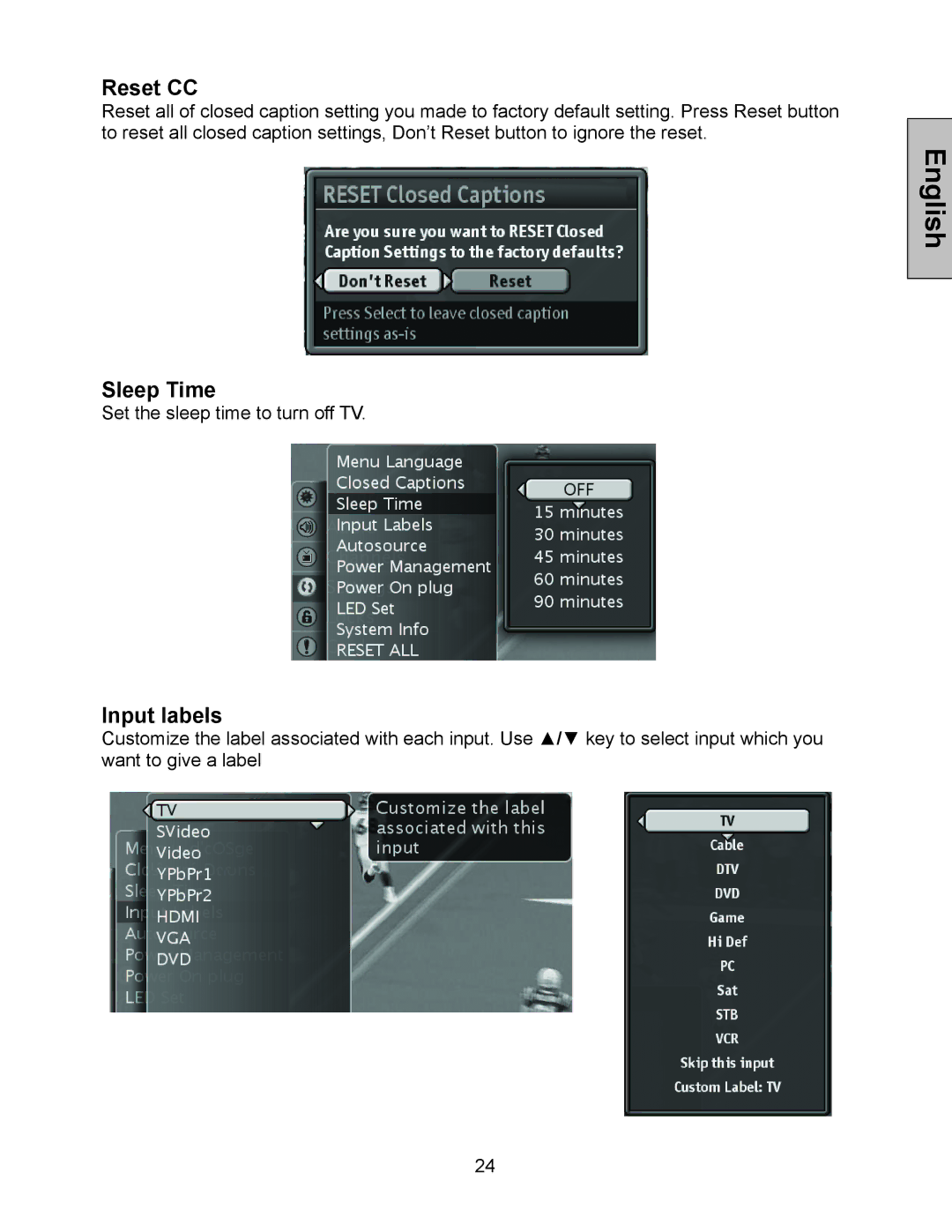 Westinghouse W3213 HD manual Reset CC, Sleep Time, Input labels 