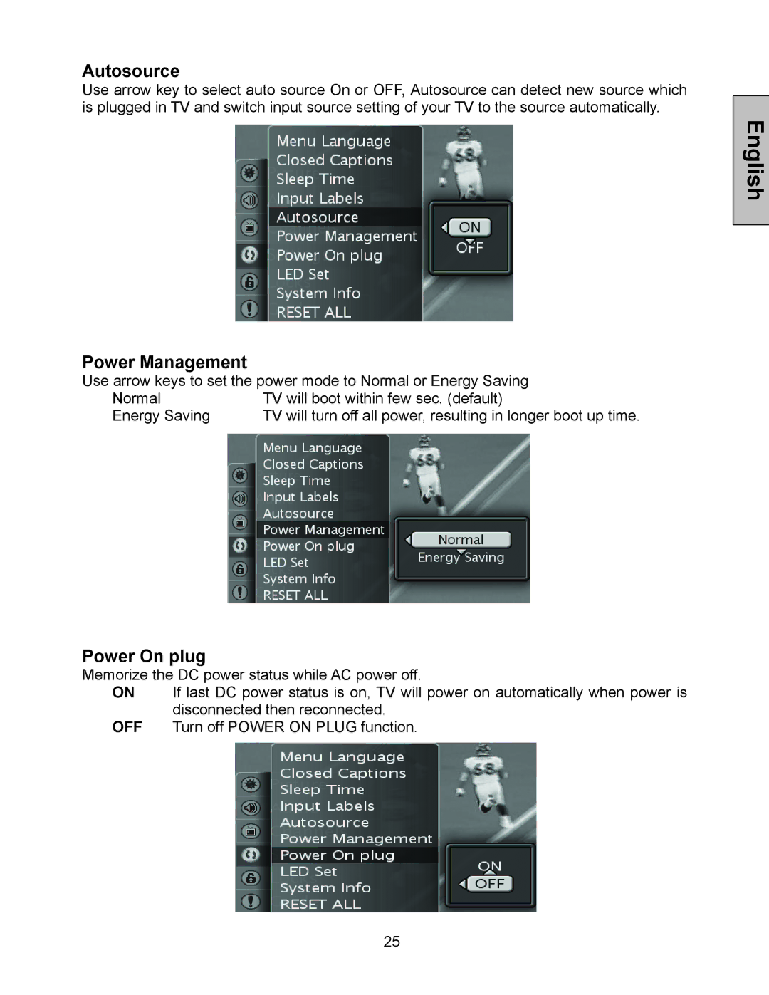 Westinghouse W3213 HD manual Autosource, Power Management, Power On plug 