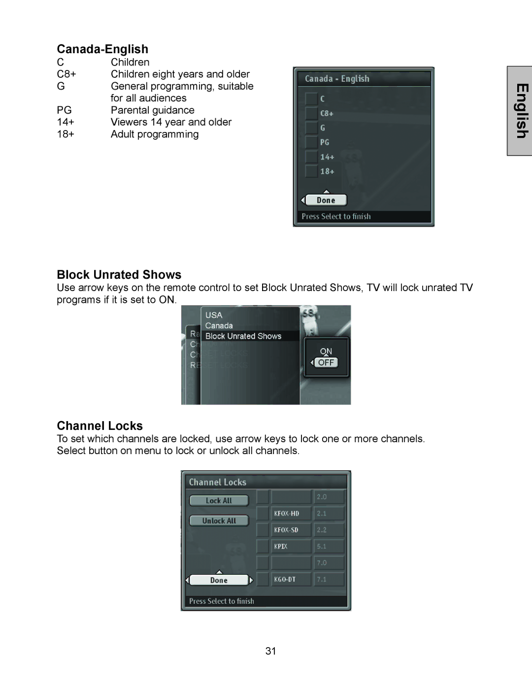 Westinghouse W3213 HD manual Canada-English, Block Unrated Shows, Channel Locks 