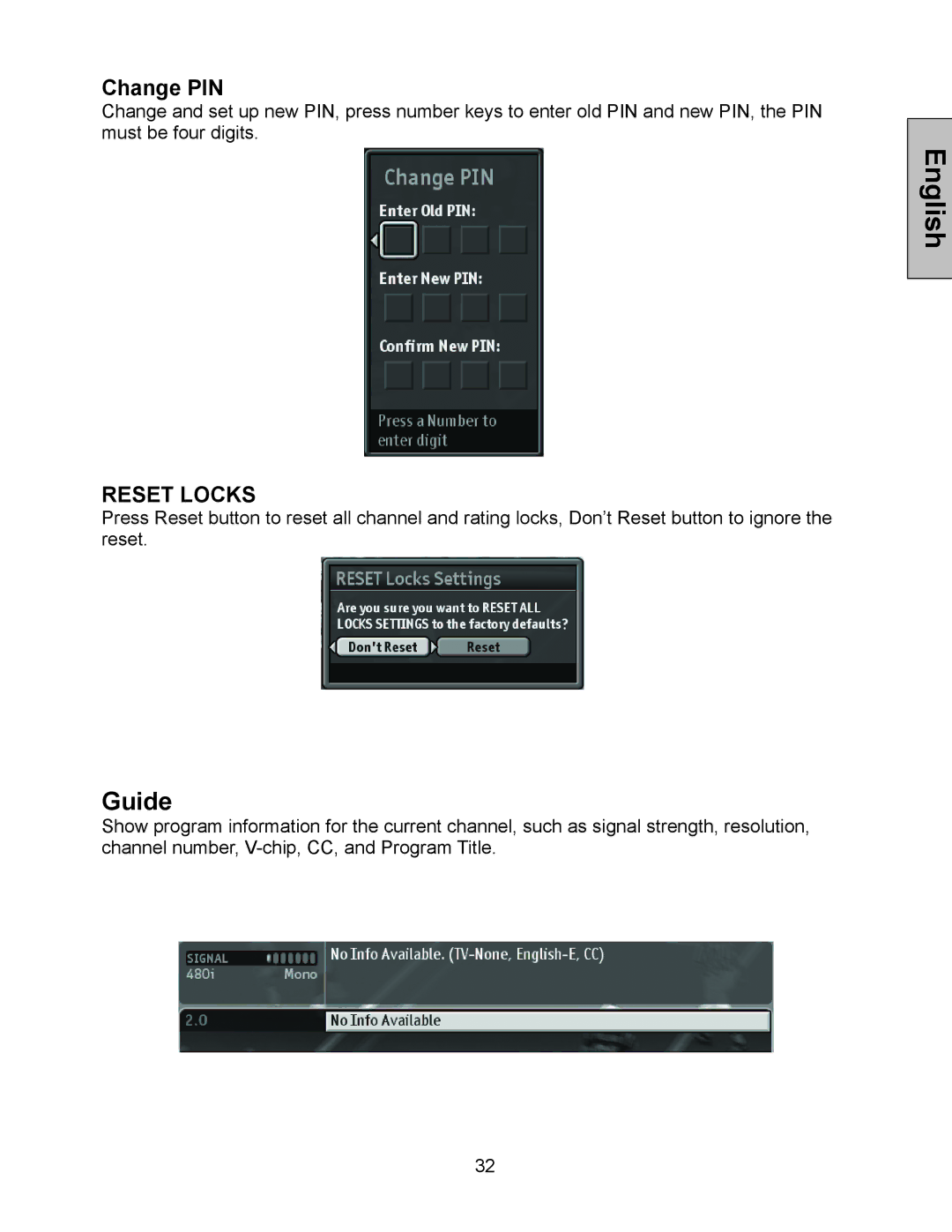 Westinghouse W3213 HD manual Guide, Change PIN 