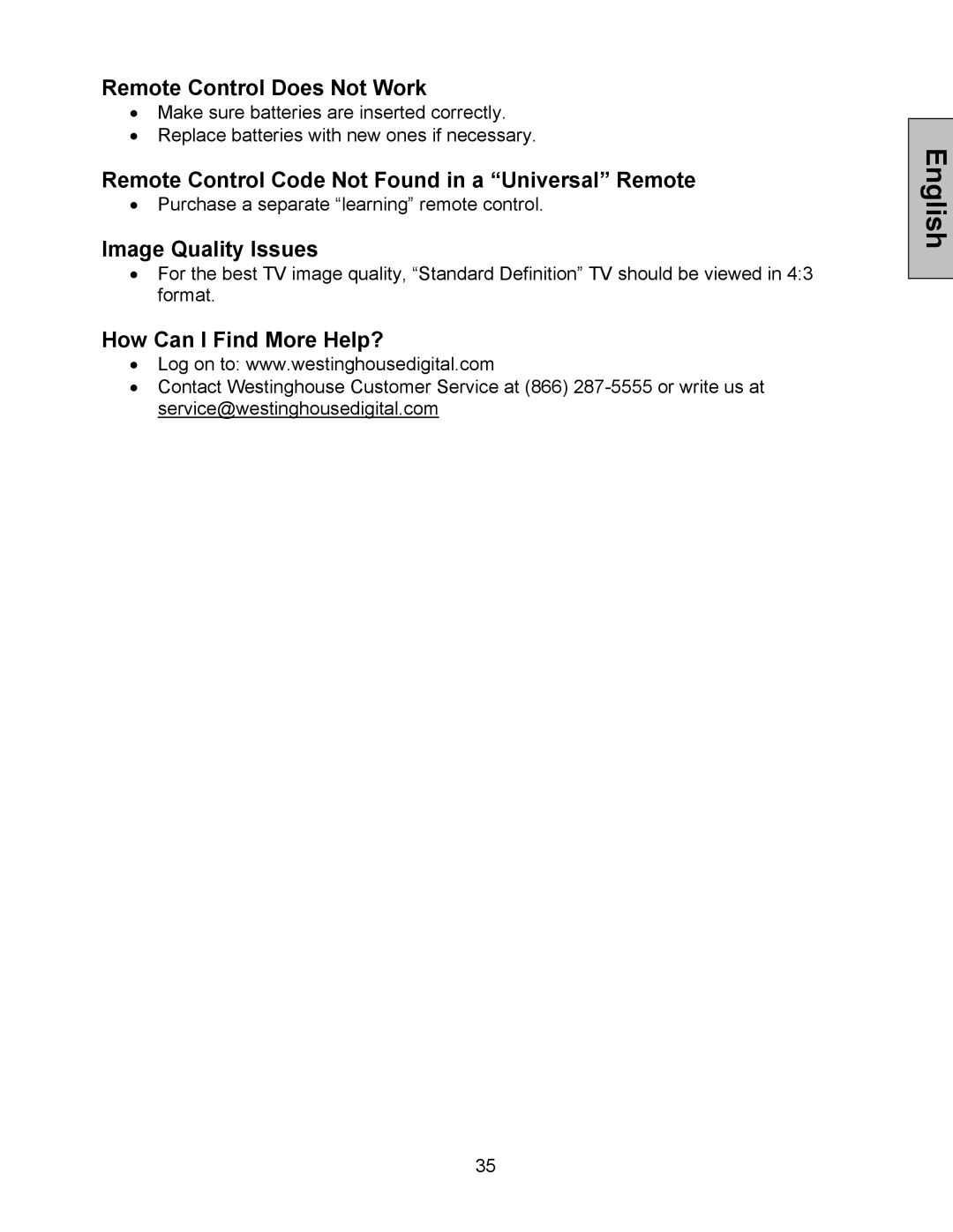 Westinghouse W3213 HD manual Remote Control Does Not Work, Remote Control Code Not Found in a Universal Remote 