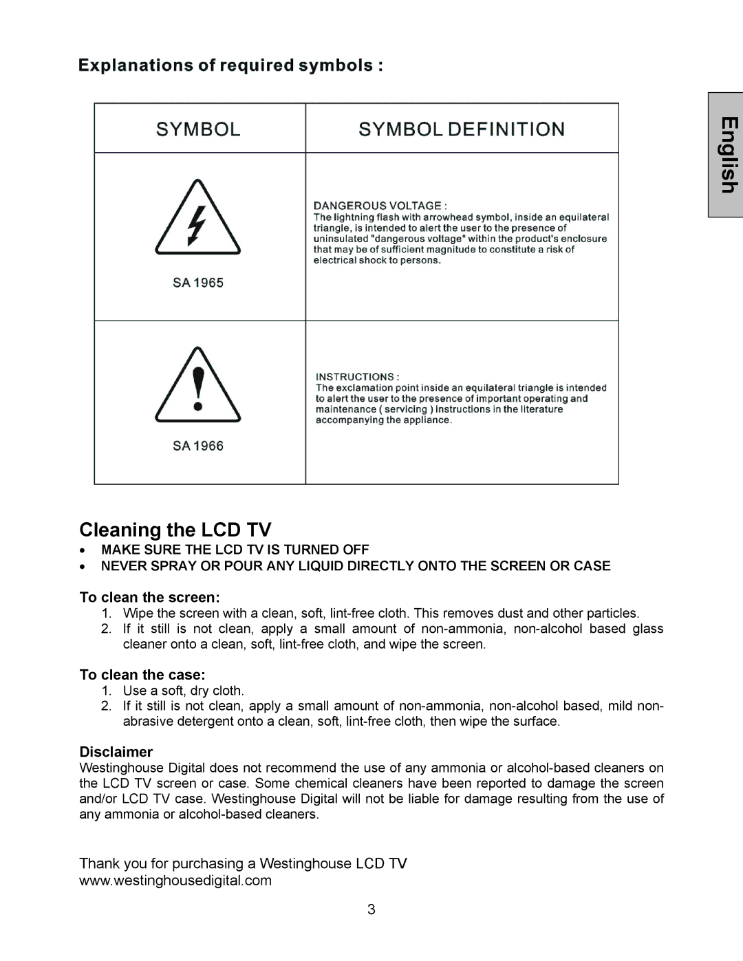 Westinghouse W3213 HD manual Cleaning the LCD TV, To clean the screen 