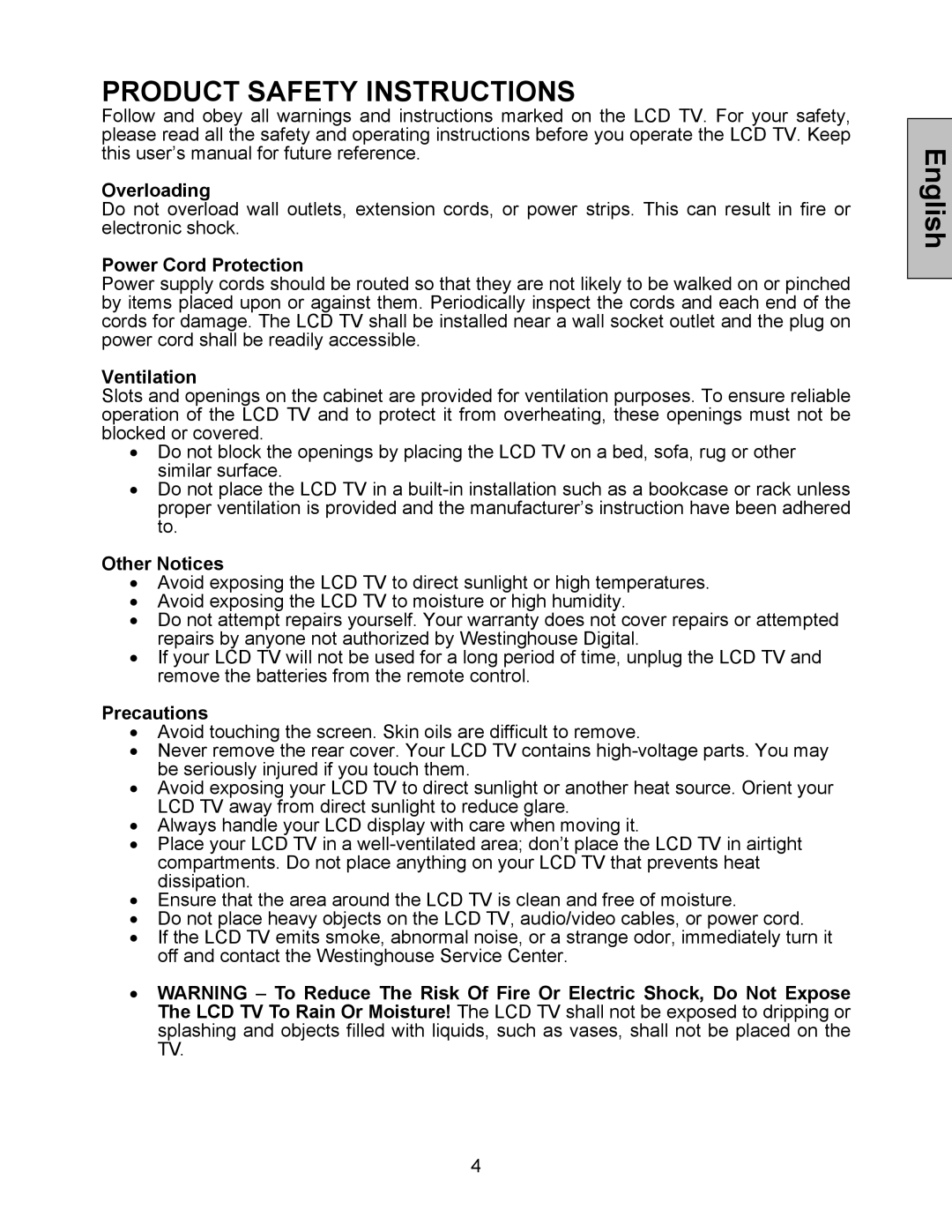 Westinghouse W3213 HD manual Product Safety Instructions 