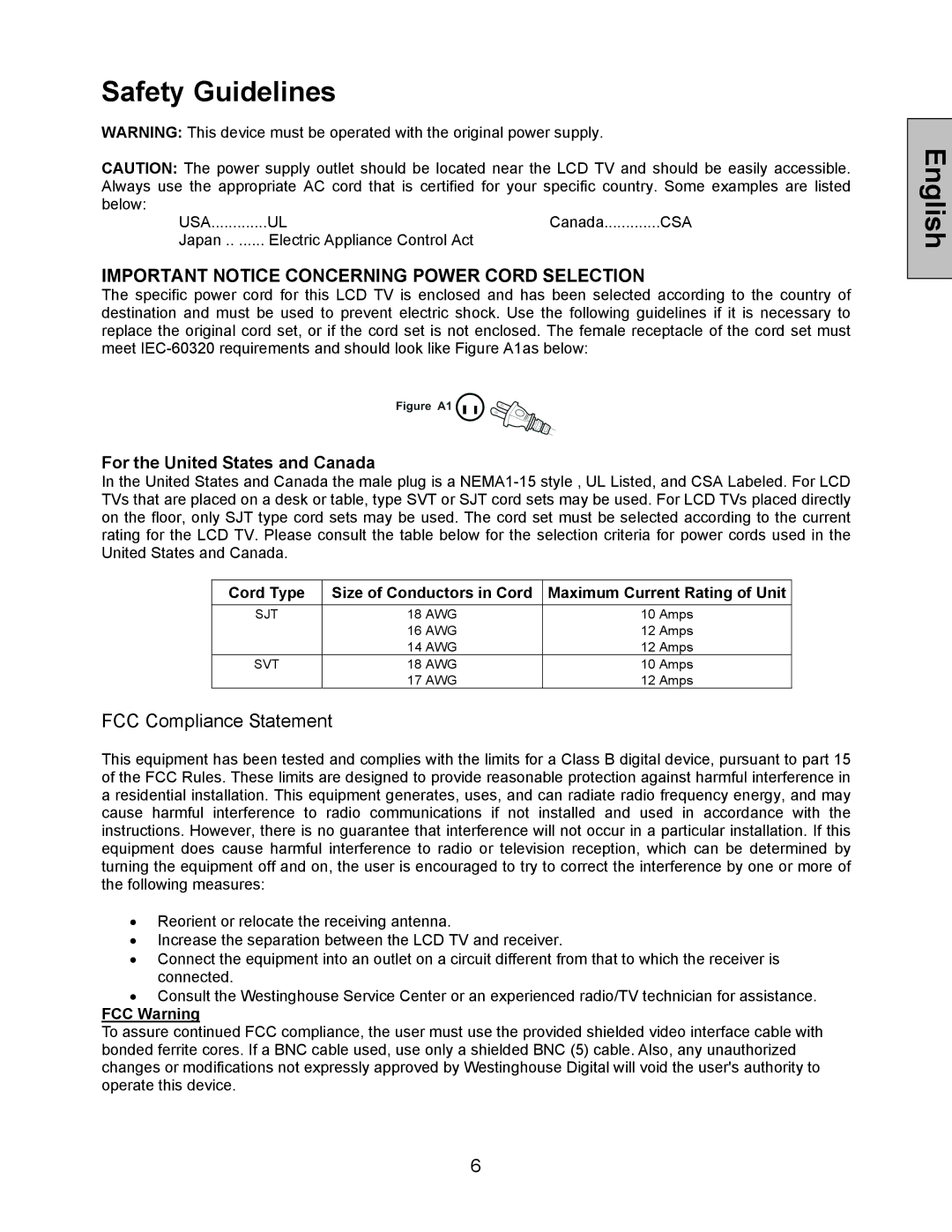 Westinghouse W3213 HD manual Safety Guidelines, Important Notice Concerning Power Cord Selection 